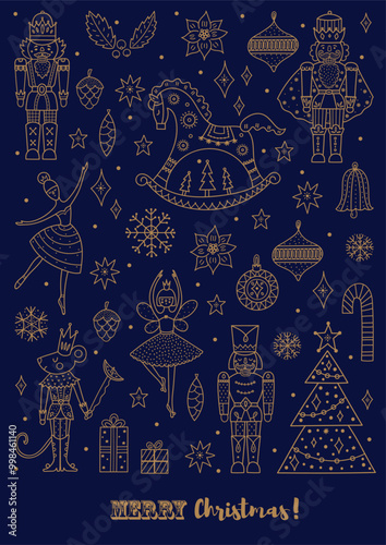 Nutcracker. Cute line gold Christmas vector card. 