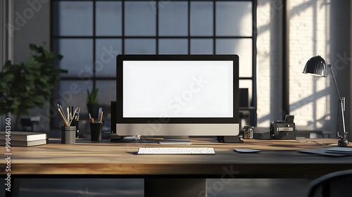 Modern office desk setup with computer, books, and office supplies in bright, spacious room with large windows and natural lighting. photo