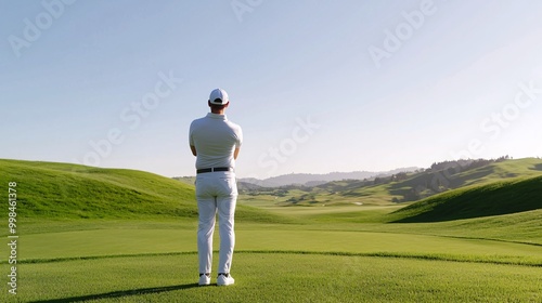 Golfer contemplating shot on scenic golf course