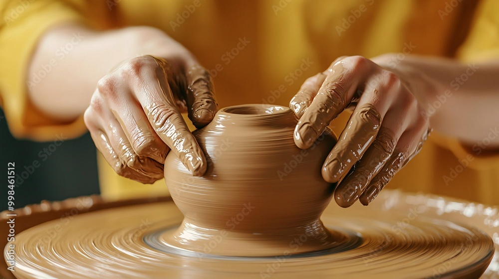 Hands shaping clay on pottery wheel in studio Hands shaping clay on pottery wheel in studio