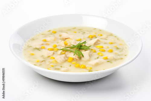 A steaming bowl of chicken corn soup with shredded chicken, sweet corn kernels, and chopped spring onions floating on surface. The broth is thick and creamy, with visible herbs, on white background