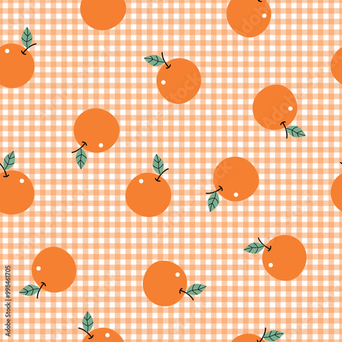 A playful pattern featuring vibrant oranges against a cheerful checked background, perfect for summer-themed designs or fabric applications.