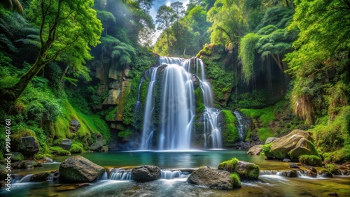 A stunning waterfall flowing down rocky cliffs in a lush green forest setting, waterfall, cascading, nature, scenery, landscape