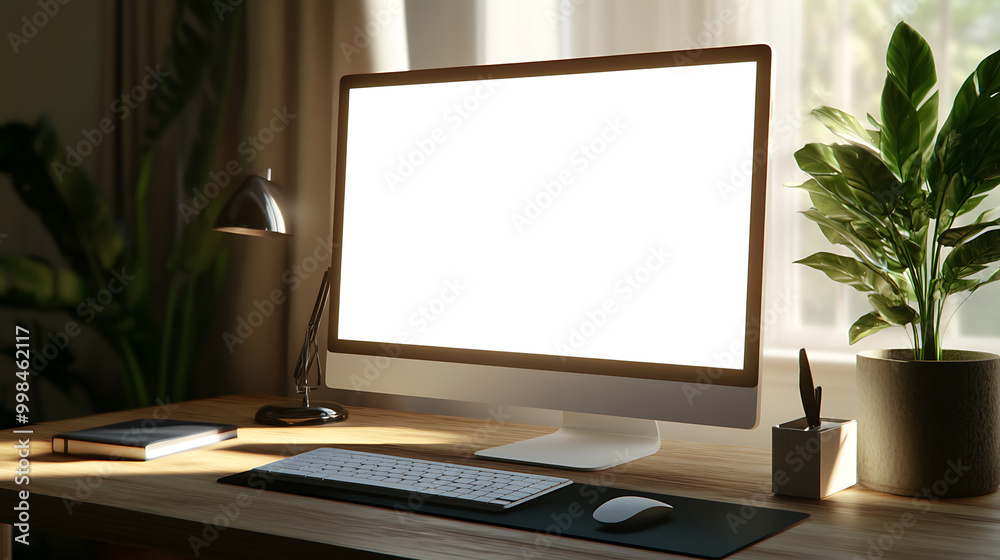 Fototapeta premium Modern workspace with a blank computer monitor, desk lamp, books, and a potted plant, bathed in natural light.