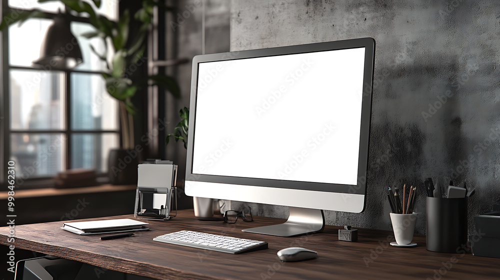 Fototapeta premium Modern workspace with a computer, keyboard, and office supplies on a wooden desk in a stylish industrial office setting.