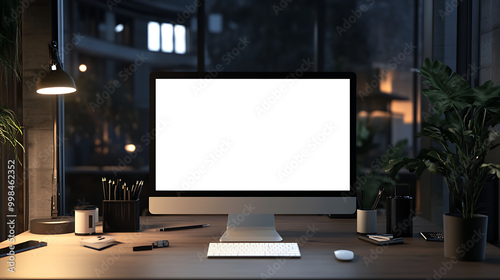 Modern workspace with a computer monitor on a desk, illuminated by a desk lamp. Office setting with plants and organized accessories. Modern workspace with a computer monitor on a desk, illuminated by a desk lamp. Office setting with plants and organized accessories.