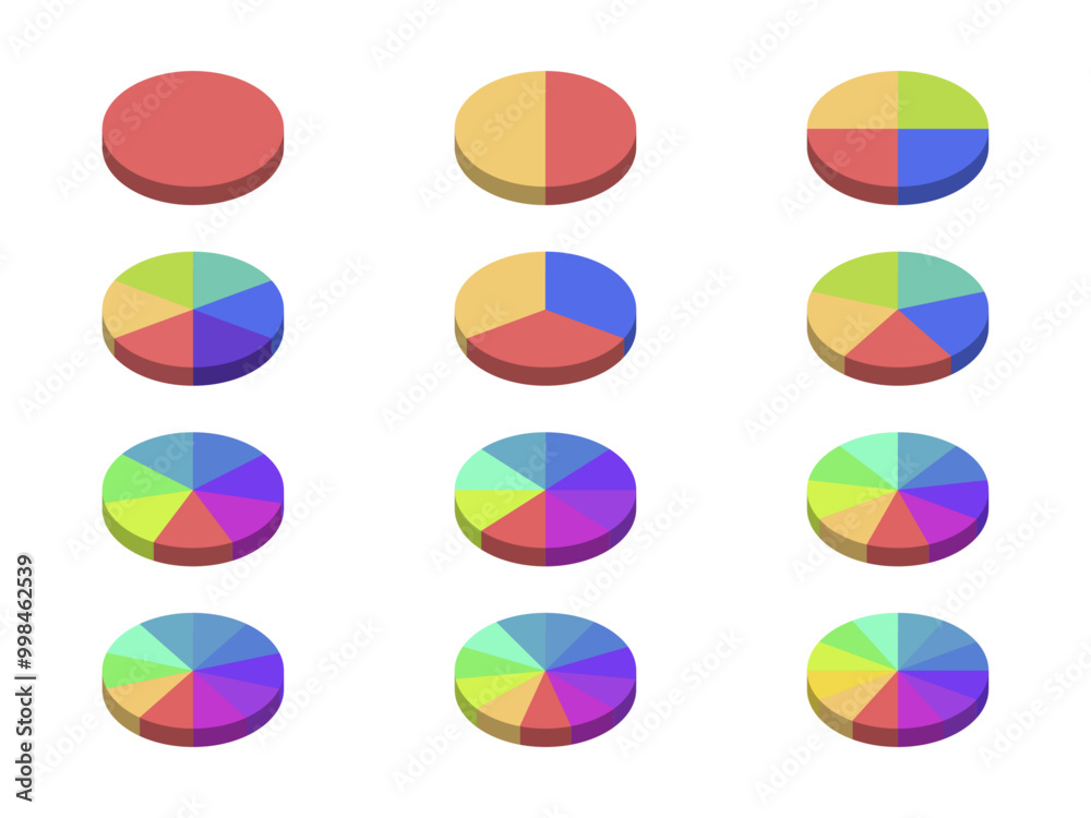 Pie chart with divided segments in 3d Visualization in multiple colors on white background. Circle pie chart in 1,2,3,4,5,6,7,8,9,10,11,12 sections or segments. Used for analyzing data. Pie chart with divided segments in 3d Visualization in multiple colors on white background. Circle pie chart in 1,2,3,4,5,6,7,8,9,10,11,12 sections or segments. Used for analyzing data.