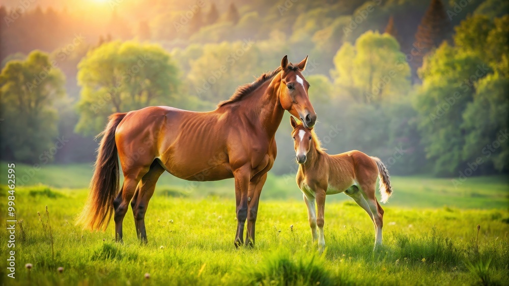 Obraz premium A beautiful image of a horse standing protectively over its adorable foal in a lush green field, horses, foal, mare, equine, baby