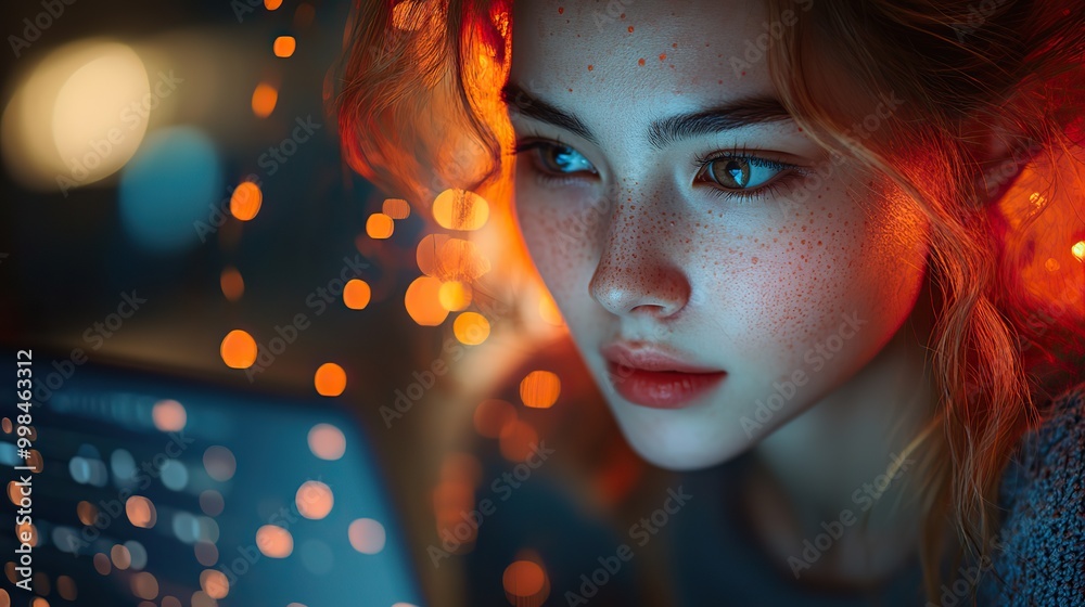 Surrounded by vivid orange light effects, a young woman seamlessly blends technology into her daily work on a laptop.