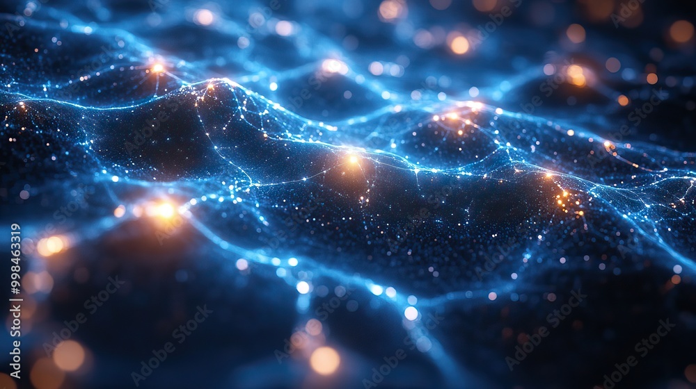 Technology and data connections are depicted in an abstract electric blue pattern resembling a starry sky. Technology and data connections are depicted in an abstract electric blue pattern resembling a starry sky.