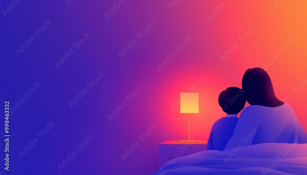 A mother and her daughter snuggled together under the covers, sharing a bedtime story as the room is softly lit by a bedside lamp.