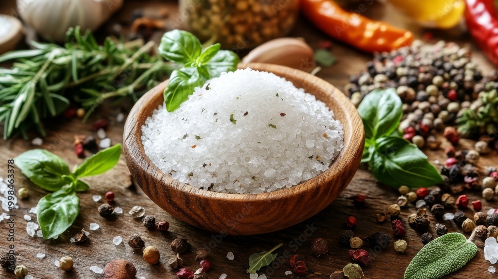 A rustic wooden table with a small bowl of coarse sea salt, surrounded by fresh herbs and spices, highlighting the essential role of salt in enhancing culinary flavors. A rustic wooden table with a small bowl of coarse sea salt, surrounded by fresh herbs and spices, highlighting the essential role of salt in enhancing culinary flavors.