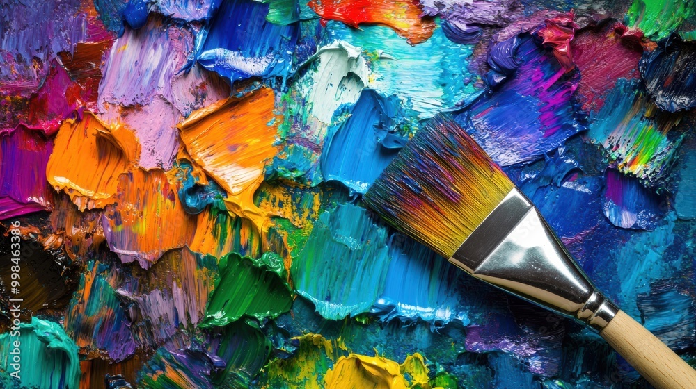 Fototapeta premium A colorful palette displays vivid paint splashes while paintbrushes lie on a canvas showcasing dynamic abstract brushstrokes. Generative AI