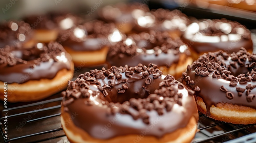 Donuts with a chocolate topping in a candy workshop setting. dessert, pastry, sweet, preparing Donuts with a chocolate topping in a candy workshop setting. dessert, pastry, sweet, preparing