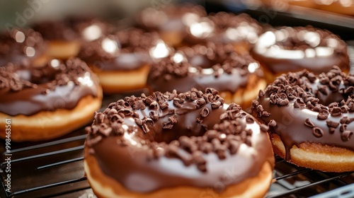 Donuts with a chocolate topping in a candy workshop setting. dessert, pastry, sweet, preparing