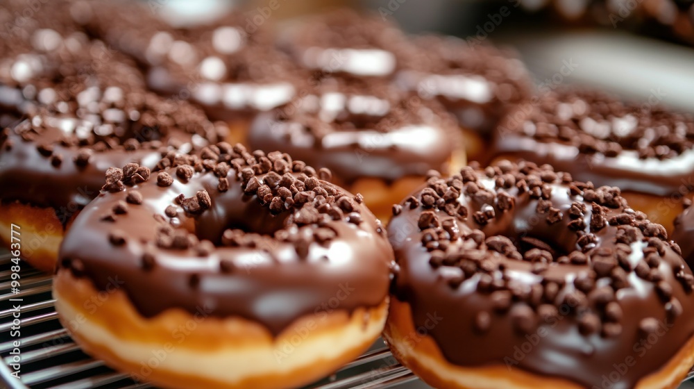Donuts with a chocolate topping in a candy workshop setting. dessert, pastry, sweet, preparing