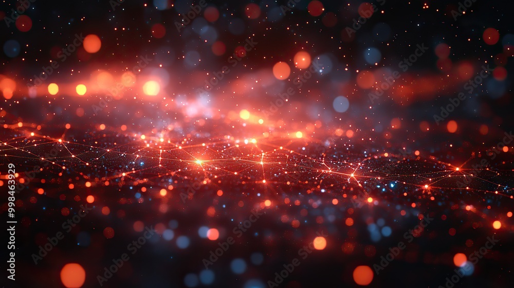 Obraz premium The abstract digital red network connections with glowing nodes on a dark background represent futuristic technology and connectivity.