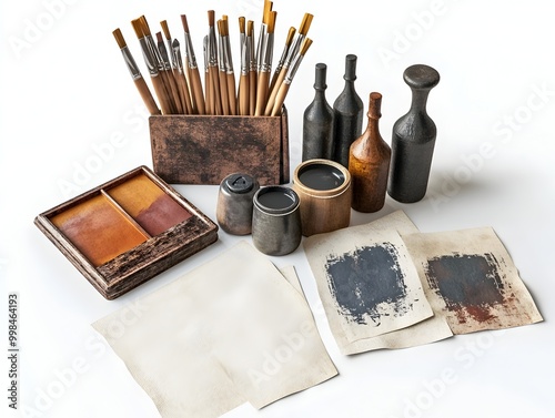 Printmaking Tools and Materials Arranged in a Detailed Still Life Composition on a Clean White Background