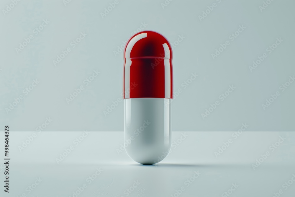 A minimalist product photography setup features a white and red capsule pill with modernist design, rendered in 3D mock-up style against a light white backdrop. A minimalist product photography setup features a white and red capsule pill with modernist design, rendered in 3D mock-up style against a light white backdrop.
