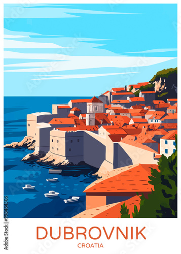 Dubrovnik Croatia Poster Illustration Travel Print Decor Gift Paper Canvas Wall Retro Art #998464306