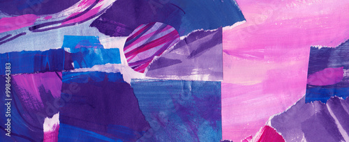 Blue purple abstract collage, torn paper pieces glued, horizontal banner background