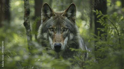 Watchful Wolf Lurking in the Lush Green Forest Wilderness