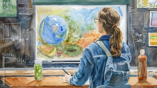 Environmental science lecture, teacher discussing ecosystems, space for environmental topic, Geography classroom, Watercolor style
