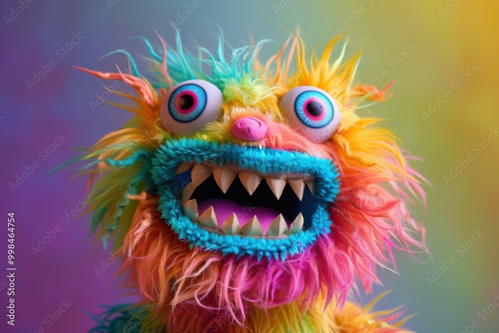 A fun and colorful rainbow furry monster puppet with large eyes and sharp teeth, perfect for children’s entertainment and puppet shows. A fun and colorful rainbow furry monster puppet with large eyes and sharp teeth, perfect for children’s entertainment and puppet shows.