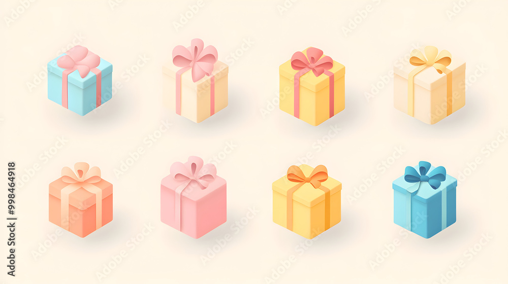 Simple pastel gift box set of icons with rounded edges and a soft ribbon isolated on a light background Simple pastel gift box set of icons with rounded edges and a soft ribbon isolated on a light background