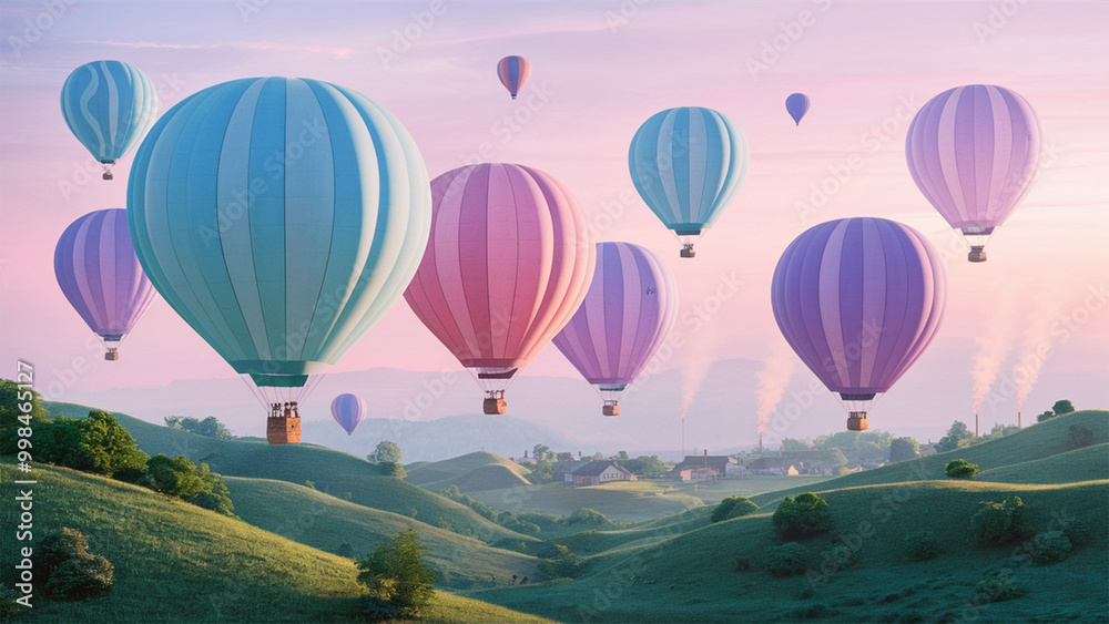 Obraz premium Pastel hot air balloons drifting over rolling green hills under a sky painted with soft morning light.