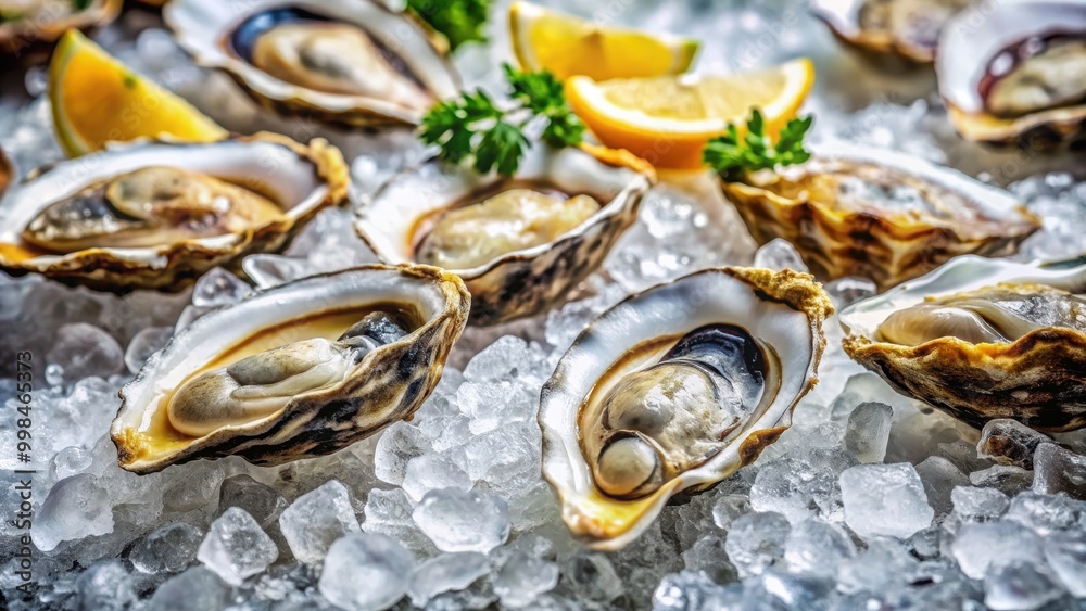 Close-up photo of fresh oysters on a bed of ice, oysters, seafood, raw, delicacy, delicatessen, briny, shellfish