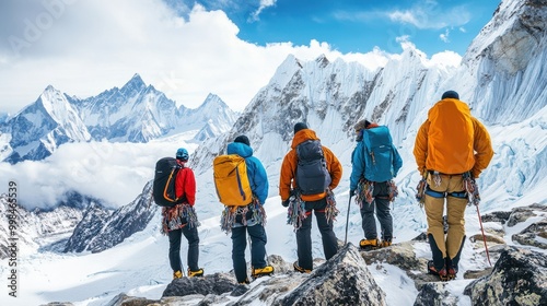 Group of mountain climbers preparing for an ascent at base camp photo