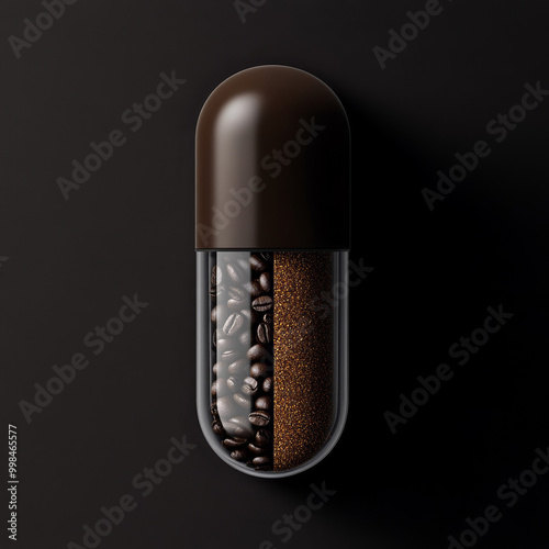 Highquality photography of a capsule with equalsized top and bottom halves the top half of the capsule is solid dark brown matching the coffee inside and the bottom half is transparent revealing fresh