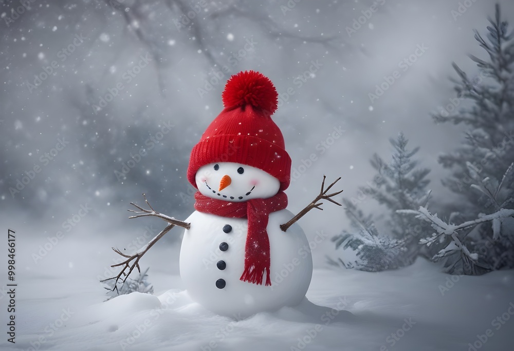 Adorable Snowman with Red Hat and Scarf in Winter Snowy Landscape - Cute Snowman Photos Adorable Snowman with Red Hat and Scarf in Winter Snowy Landscape - Cute Snowman Photos