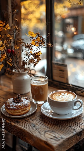 A warm cafe setting featuring coffee, pastry, and autumn decor. Perfect for cozy moments and food photography. warmth cozy