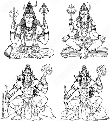 Hindu God Shiva Vector Black And White Coloring Page