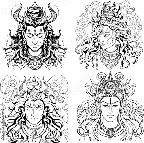 Hindu God Shiva Vector Black And White Coloring Page