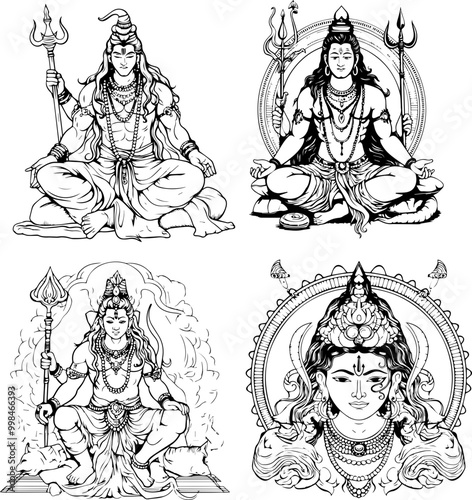 Hindu God Shiva Vector Black And White Coloring Page