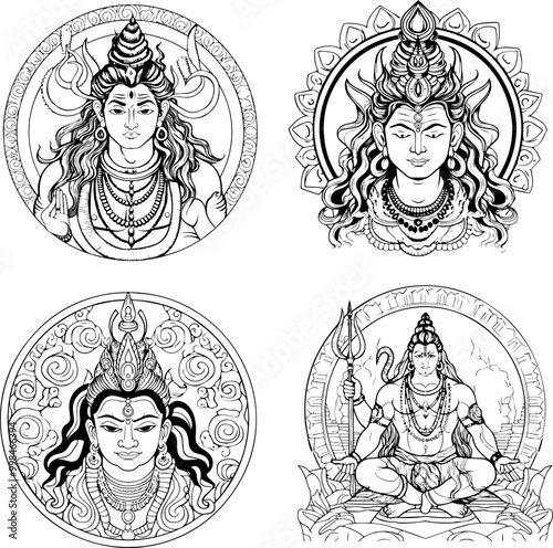 Hindu God Shiva Vector Black And White Coloring Page