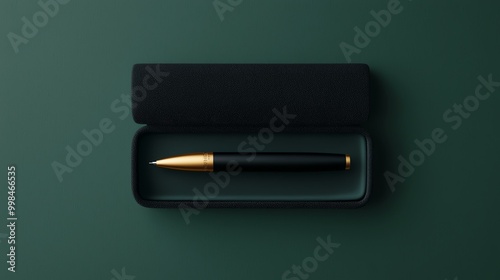 Elegant black and gold pen in a black box on a dark green background, perfect for business or gift purposes. Stylish and sophisticated stationery. photo