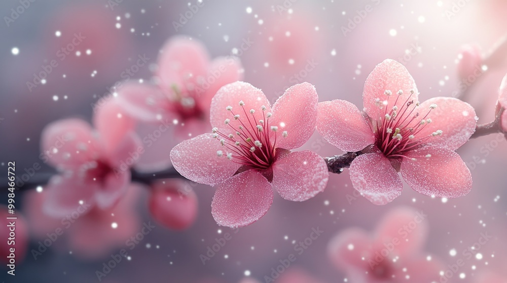 Delicate pink blossoms covered in frost against a soft background. Delicate pink blossoms covered in frost against a soft background.