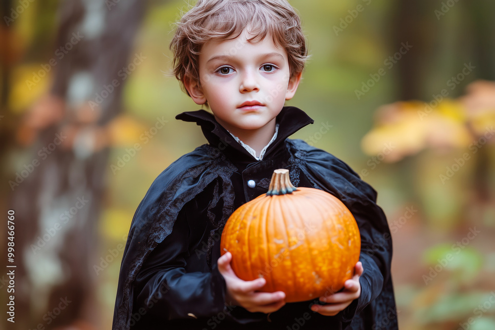 Child dressed as Dracula with a pumpkin Child dressed as Dracula with a pumpkin