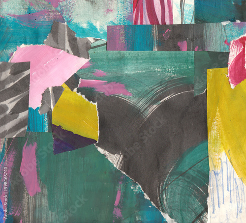 Torn paper collage background, gren and pink color ripped pieces glued, hand painted cutouts