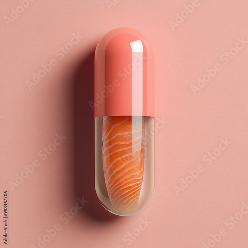 Highquality photography of a capsule with equalsized top and bottom halves the top half of the capsule is solid salmonpink matching the salmon inside and the bottom half is transparent revealing a ric photo