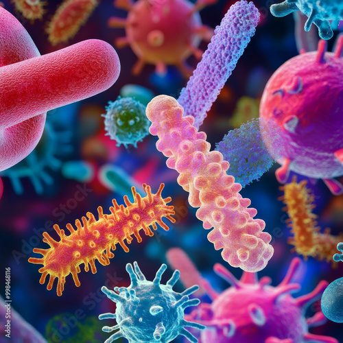 A microscopic view of various bacteria showing different shapes such as rods spirals and spheres The bacteria are depicted in bright contrasting colors floating in a fluidlike environment  photo