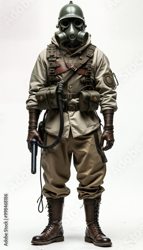 Post apocalyptic survivor wearing gas mask and holding weapon