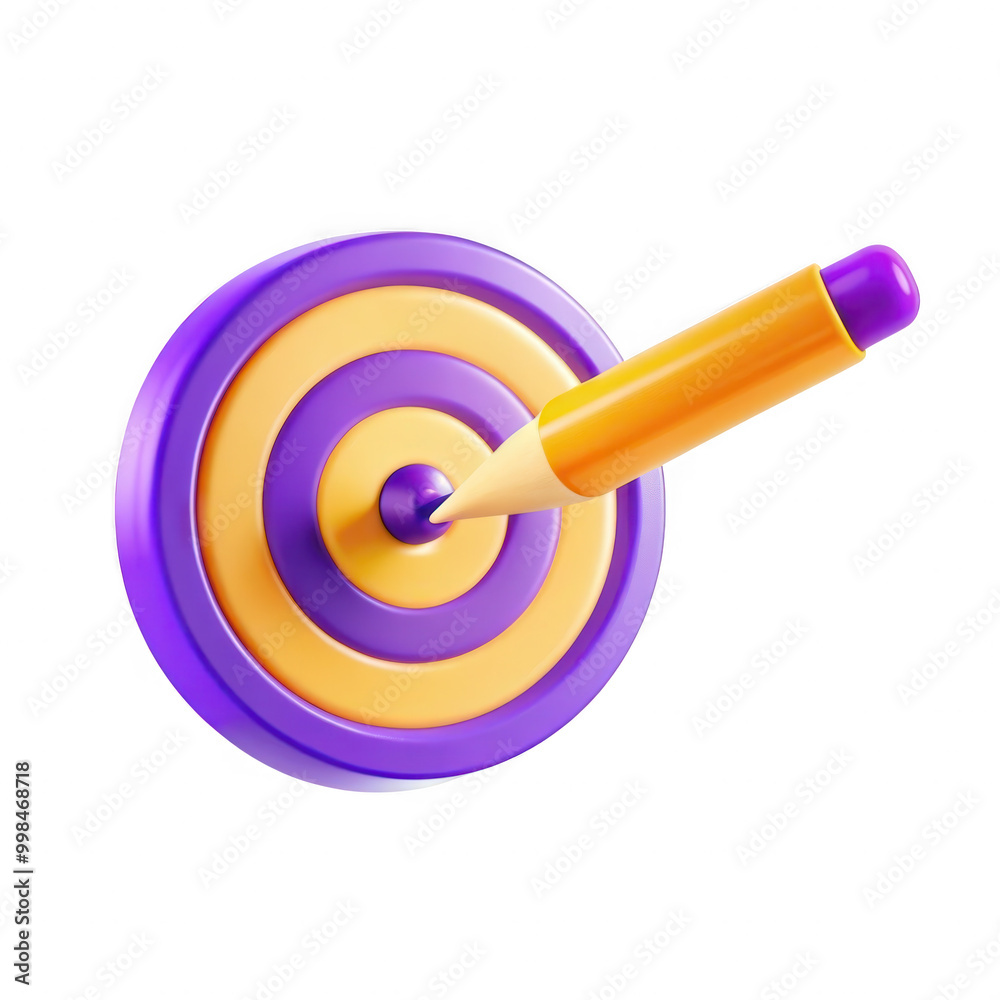 A vibrant 3D render of a bullseye dartboard with a pencil sticking into its center, featuring bright purple and yellow colors.