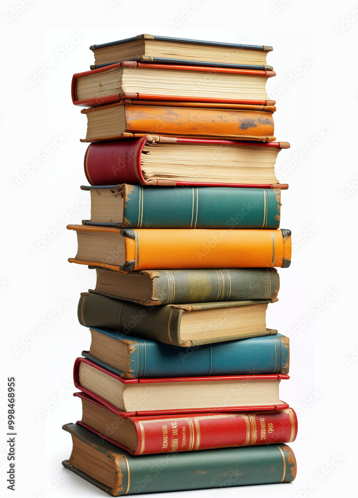 Stack of old books forming a tower of knowledge on white background Stack of old books forming a tower of knowledge on white background