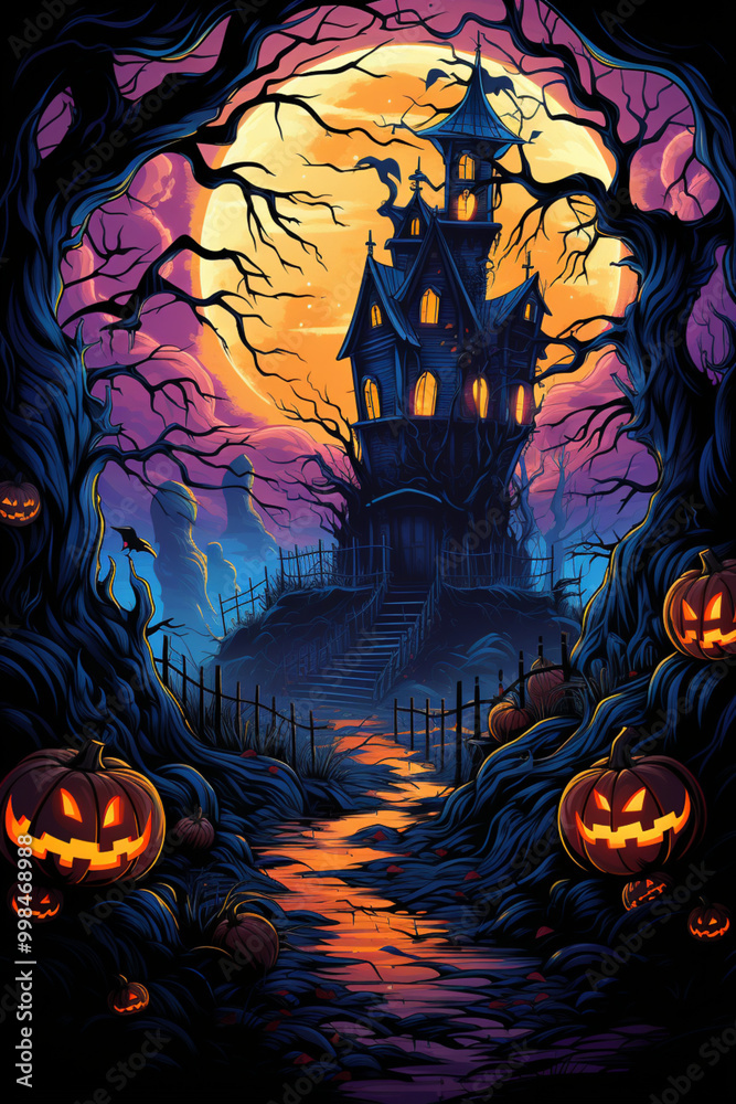 Spooky halloween night country scene with haunted house on a hill and scary jacl o lanterns and trees with an orange rising moon in a purple blue sky. Spooky halloween night country scene with haunted house on a hill and scary jacl o lanterns and trees with an orange rising moon in a purple blue sky.