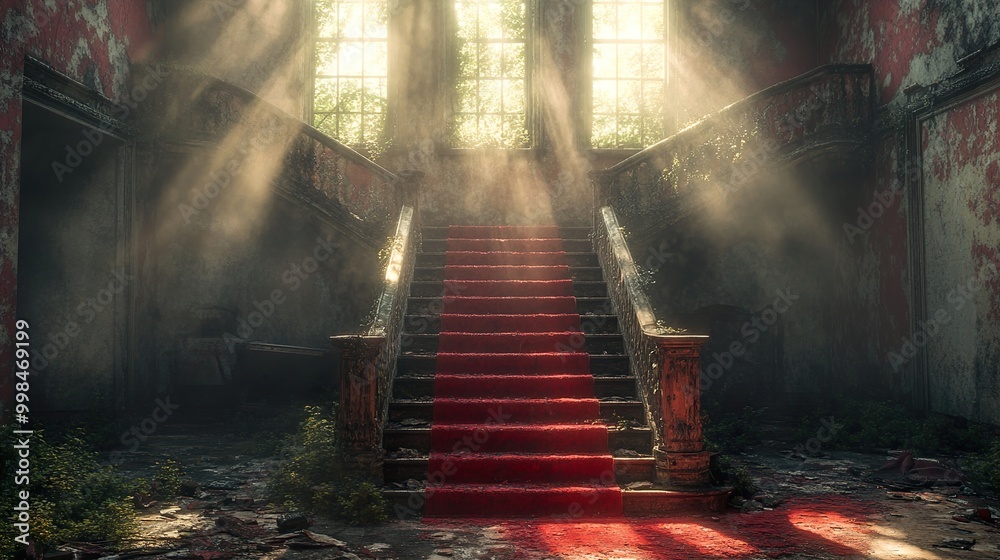 Sunbeams Through the Ruins: An Abandoned Mansion's Staircase Sunbeams Through the Ruins: An Abandoned Mansion's Staircase